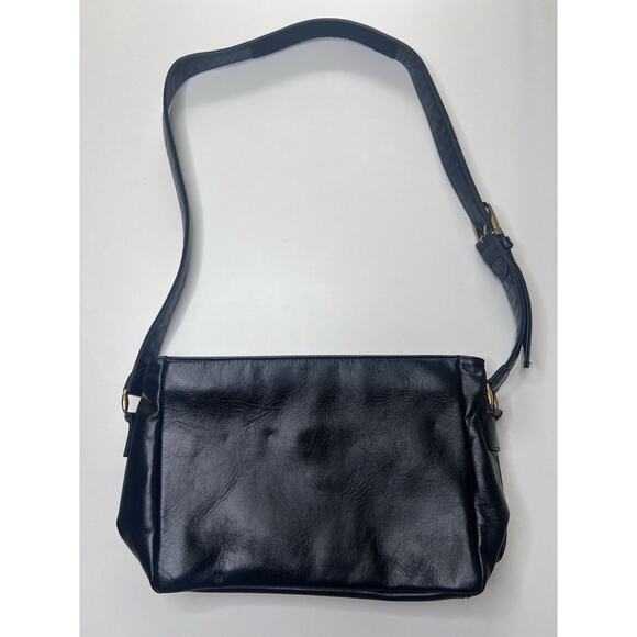 SAS Shoulder Bag Black Leather Croc Print Zip Top Adjustable Strap Authentic USA - Picture 2 of 8